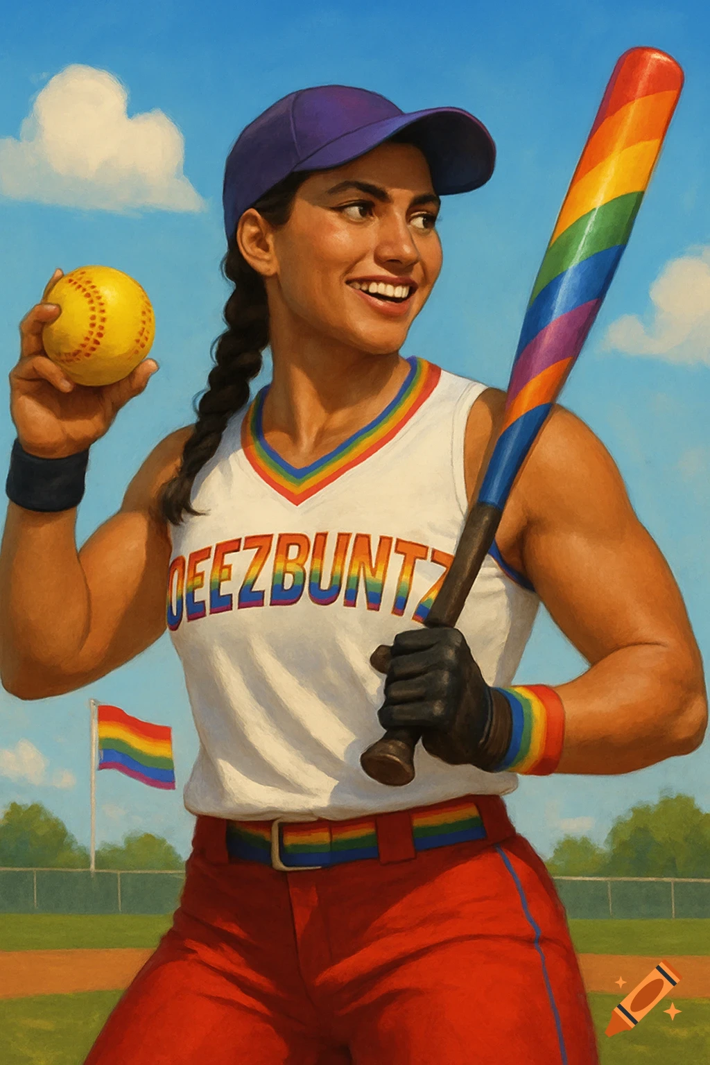Woman in softball uniform with rainbow bat, belt, and wristband holds a softball on a sunny field with a rainbow flag.