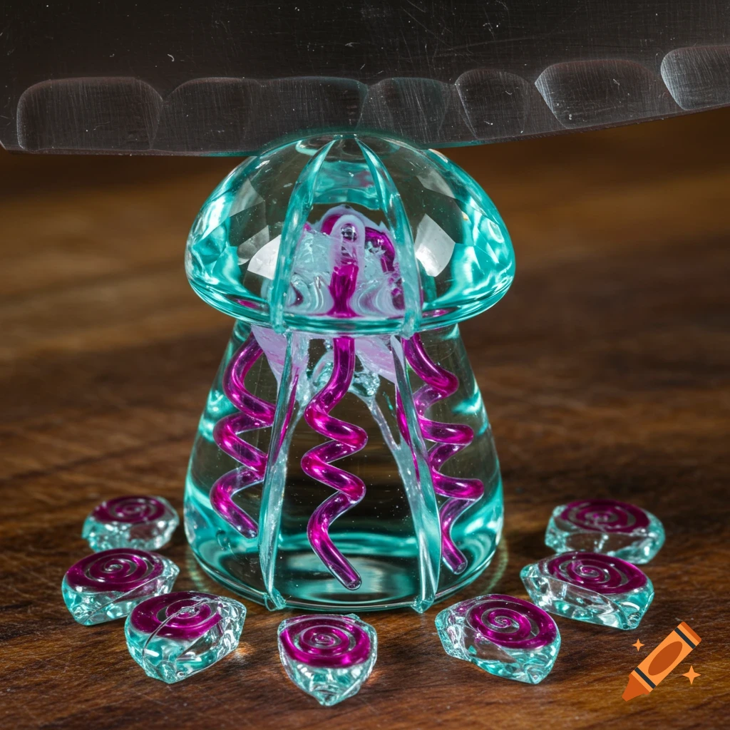 A clear and teal glass jellyfish sculpture with pink spiral tendrils, beneath a chef's knife on a wooden board.