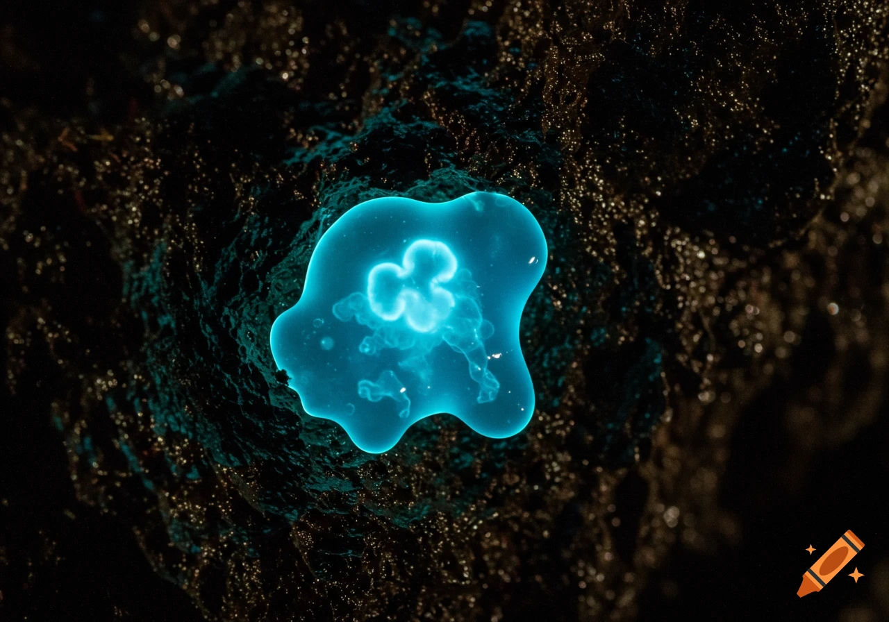 A glowing blue bioluminescent blob of jelly on a dark, textured cave wall.