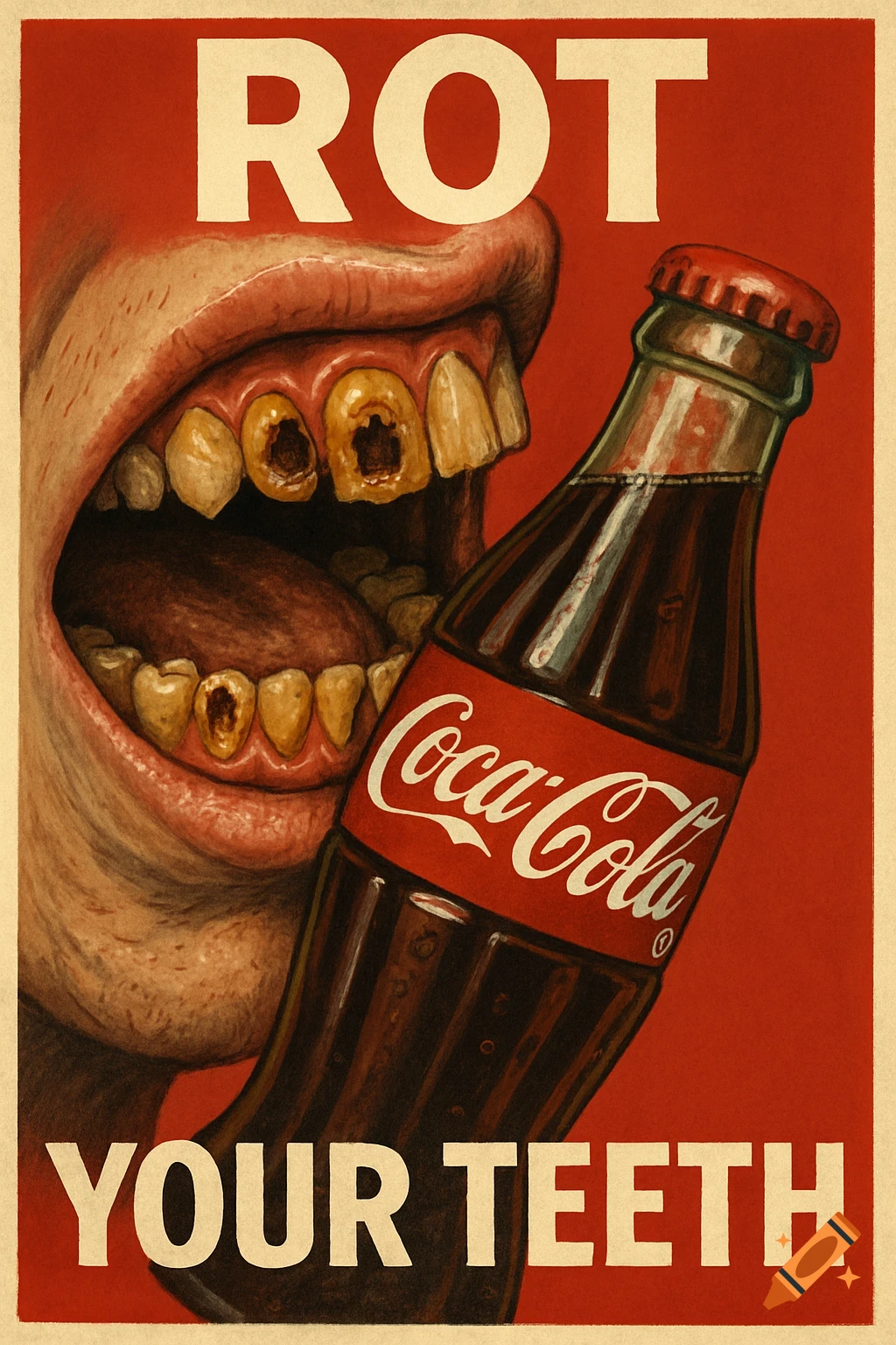 An old-style poster shows a person's open mouth with severely rotten teeth next to a Coca-Cola bottle. Text reads: 'ROT YOUR TEETH'.