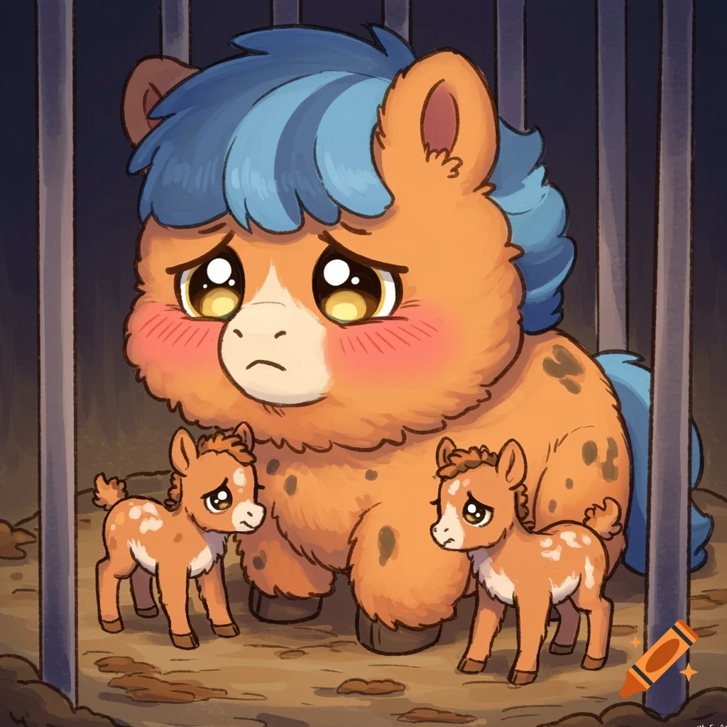 A chubby orange cartoon horse-like creature with blue hair looks sad in a cage with two smaller foals.