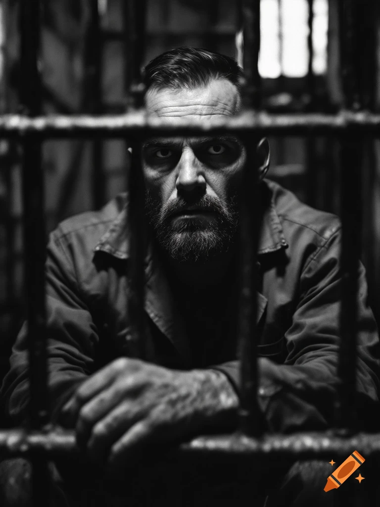 A black and white close-up of a bearded man with intense eyes looking through prison bars.