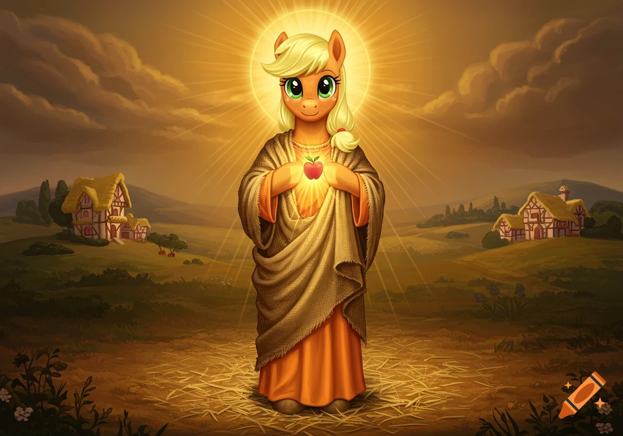 Applejack depicted as a religious figure, wearing robes and holding a glowing apple, with a halo in a field.