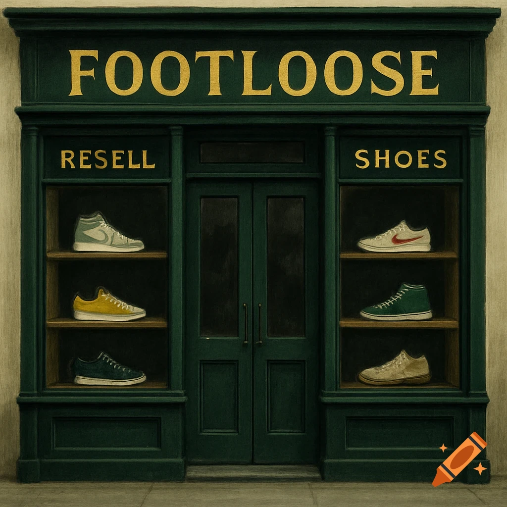 A green storefront for 'FOOTLOOSE' shoe business, with 'RESELL SHOES' signs and sneakers displayed in windows.