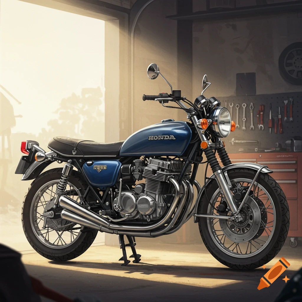 A blue vintage Honda CB750 motorcycle parked in a sunlit garage.