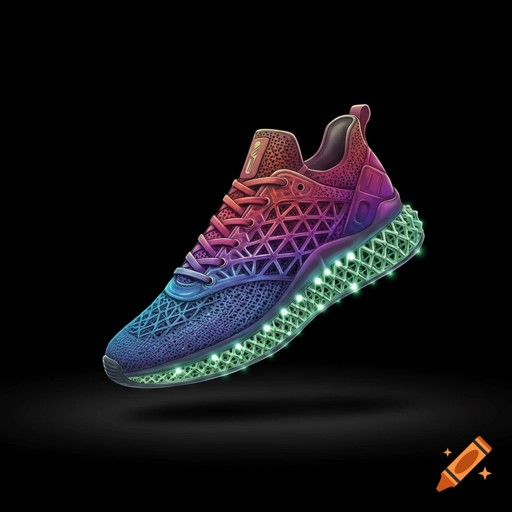 A vibrant, colorful sneaker with a glowing green 3D-printed sole floats against a dark background.