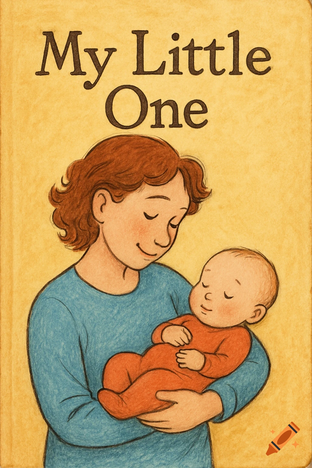 Hand-drawn illustration of a mother holding a baby, styled as a children's book cover titled 'My Little One'.
