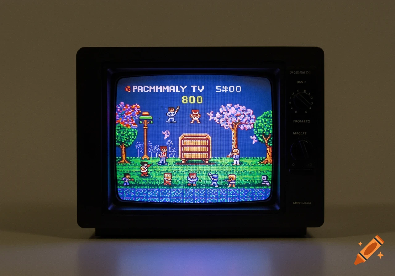 A front view of a retro 80s CRT TV displaying a colorful pixel art video game.