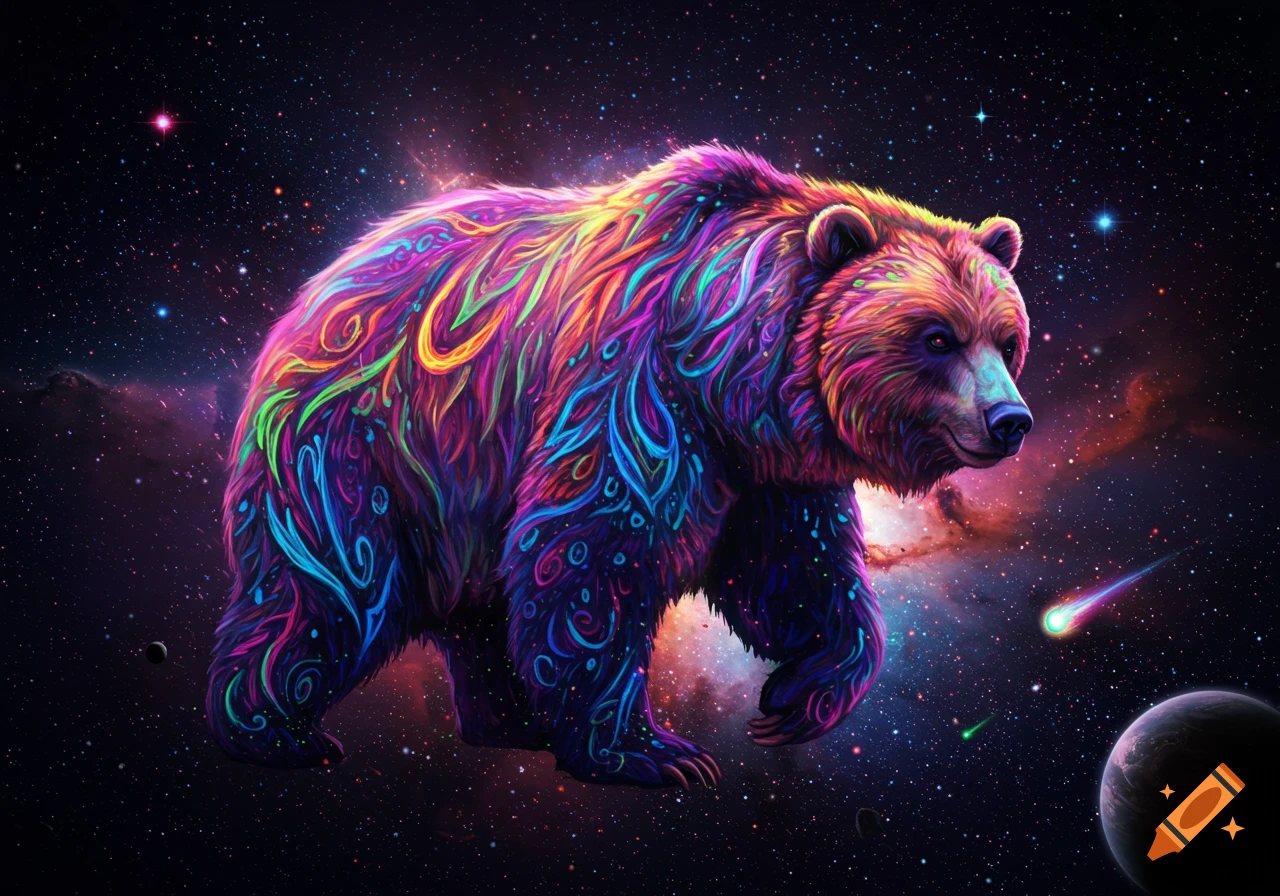 A psychedelic bear with black light colors in space.