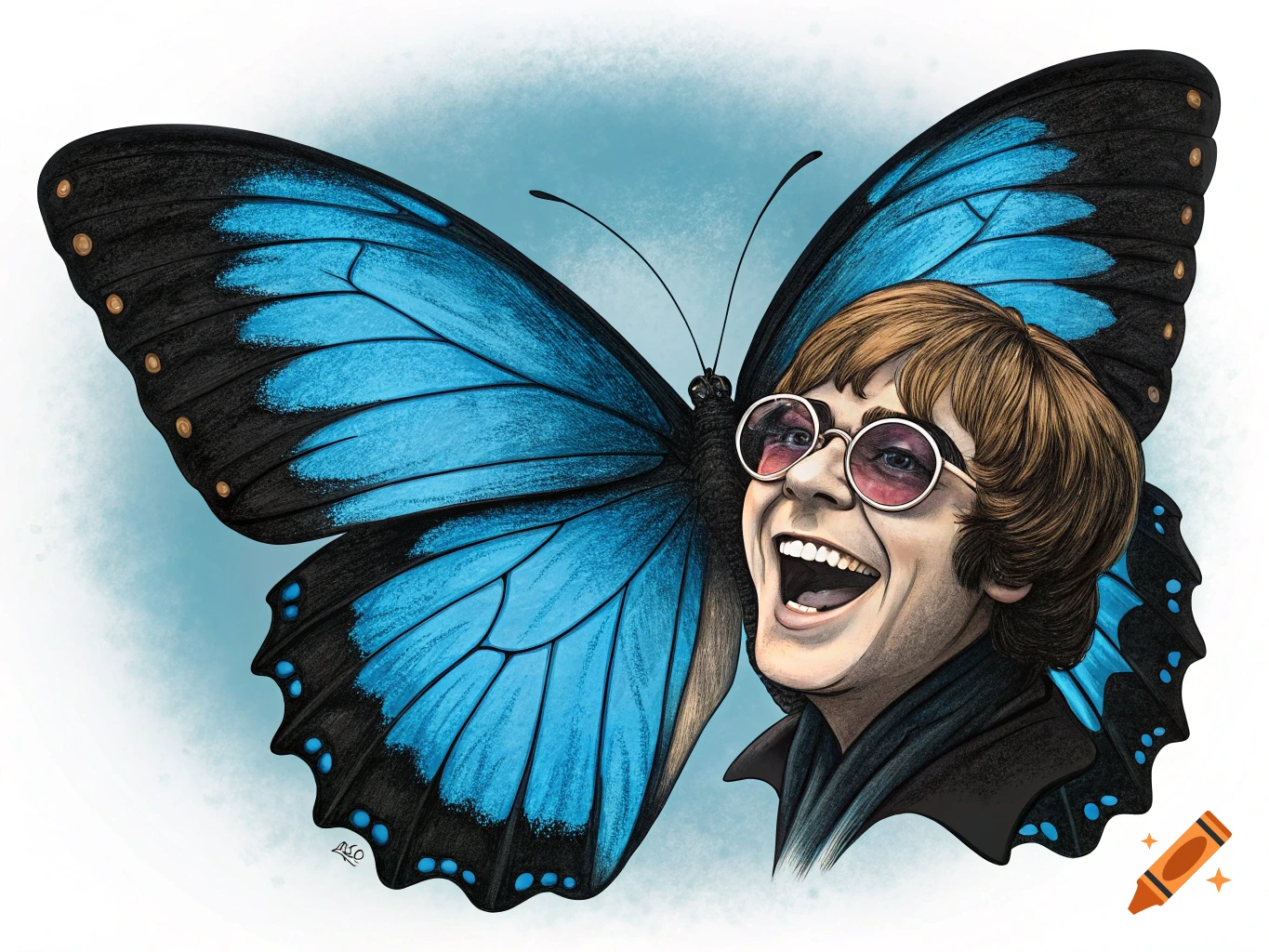 Vibrant illustration of Austin Powers' laughing face with pink sunglasses, merged with the body and blue wings of a butterfly.