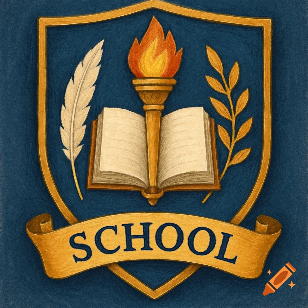 Blue shield school logo with torch, open book, quill, laurel branch, and 'SCHOOL' on a gold banner in a textured style.