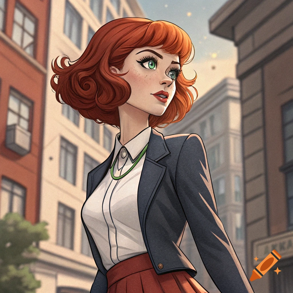 Stylized illustration of a woman with red hair in a suit walking down a city street.