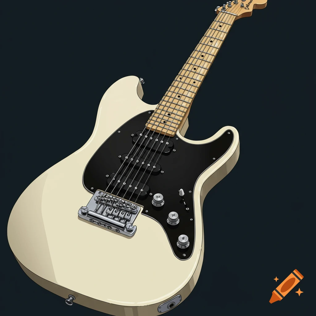 White electric guitar with black pickguard and maple neck in an illustration style.