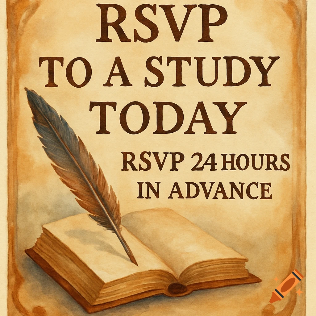Watercolor invitation with text RSVP to a study today, showing an open book and feather quill.