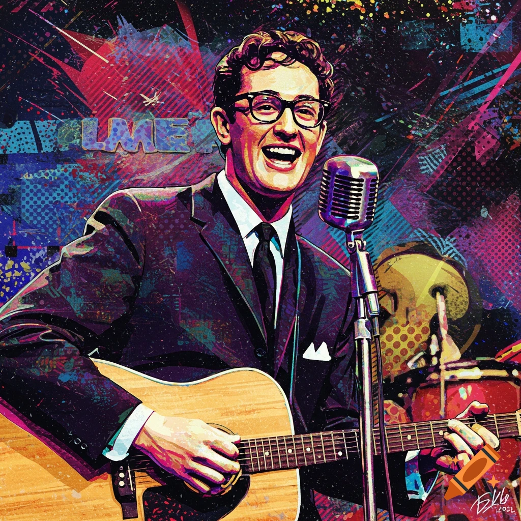 Stylized pop art portrait of Buddy Holly playing an acoustic guitar and singing into a microphone against a vibrant, abstract background.