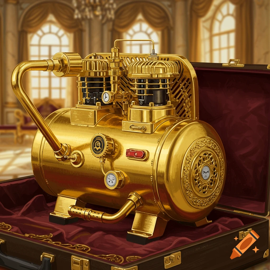 A luxurious golden portable air compressor rests on red velvet inside a wooden case, set in a grand, ornate room.