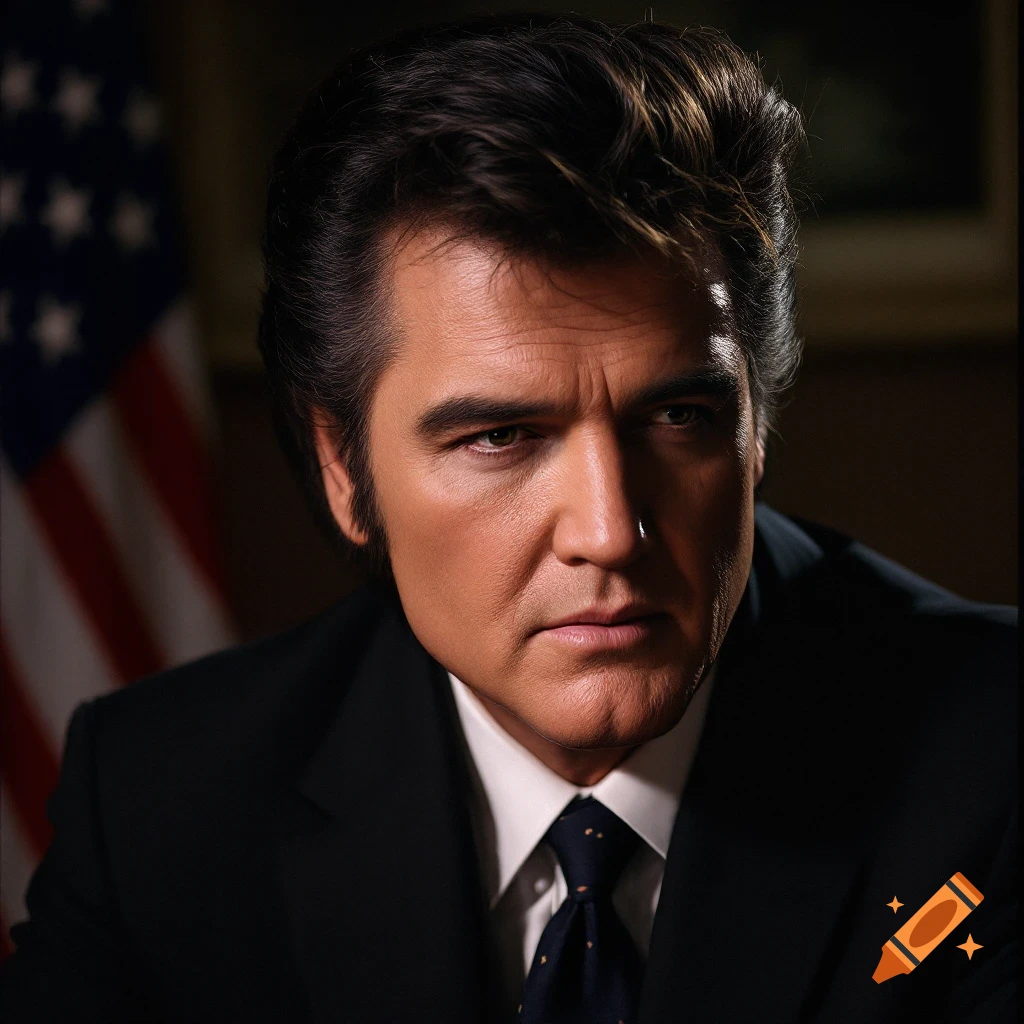 Photorealistic portrait of a man resembling Elvis Presley in a suit in front of an American flag