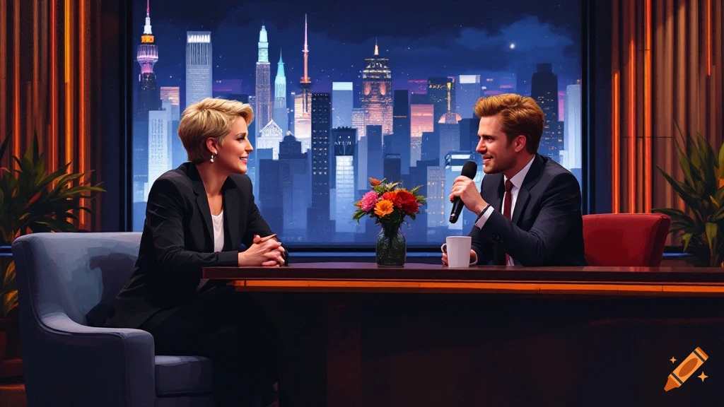 Two people sit on a talk show set with a city skyline backdrop.