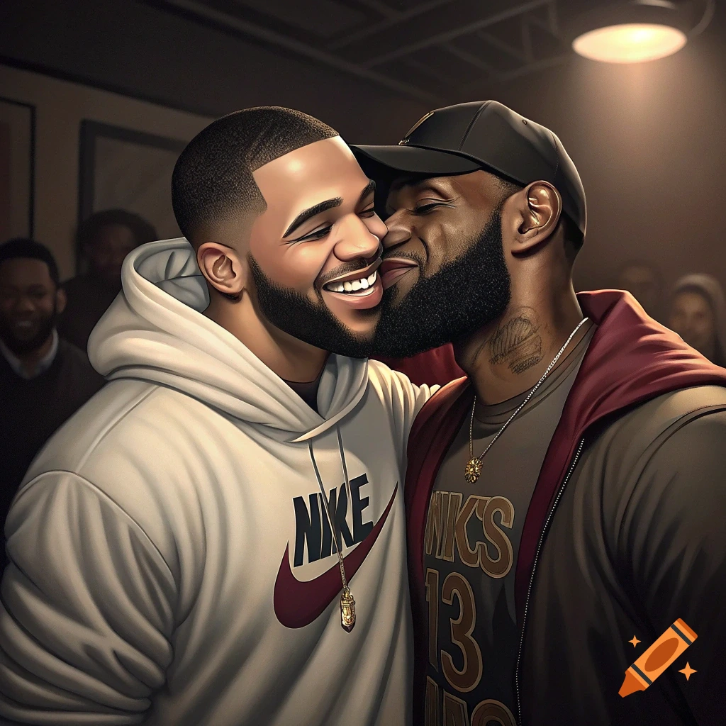Two smiling men, one in a white Nike hoodie and one in a cap, embrace affectionately in a photorealistic style.