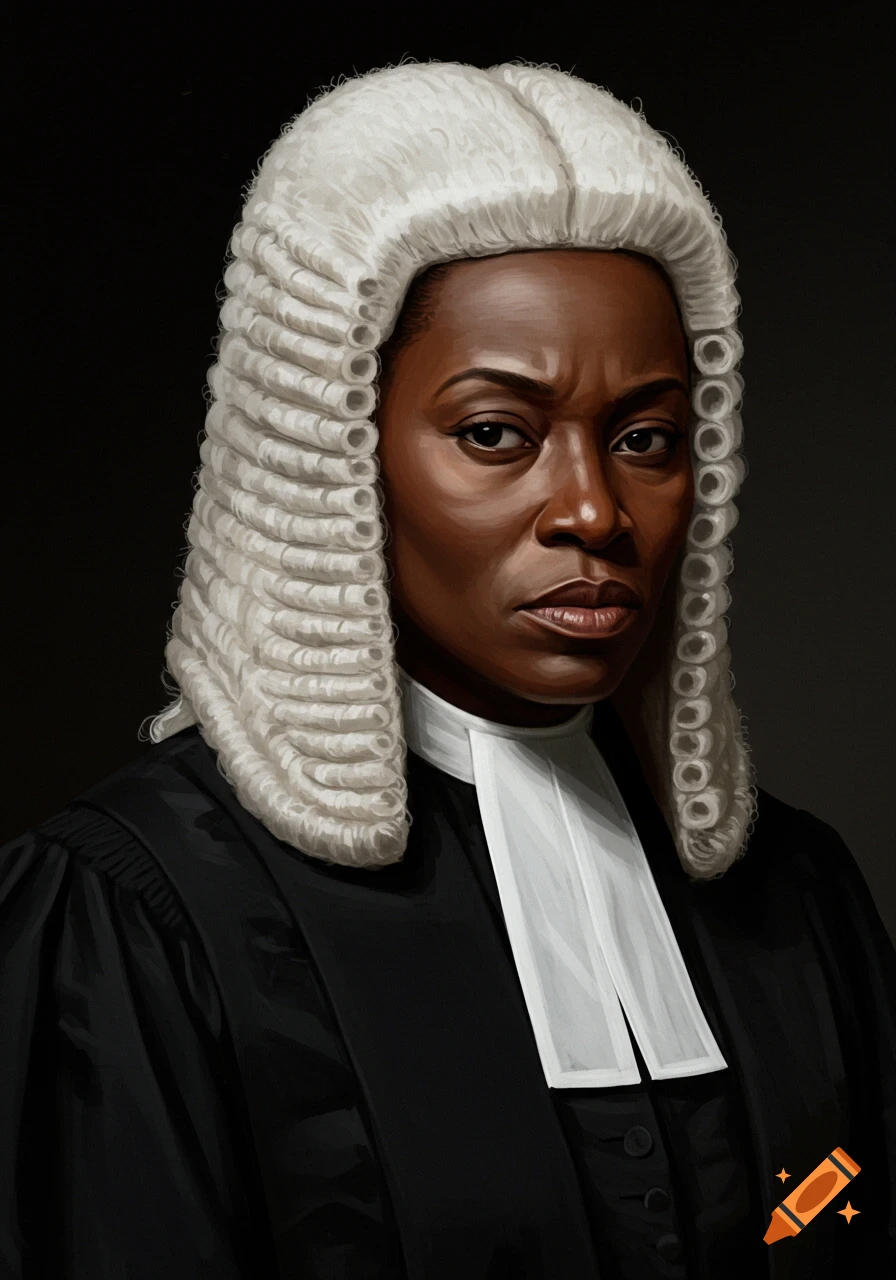 A stern-faced Black woman judge wearing a white powdered wig and black robes.