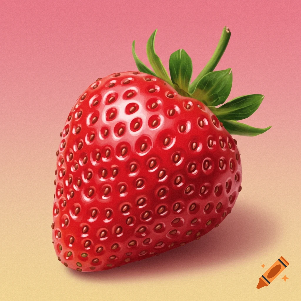 A photorealistic close-up of a single strawberry on a pink and yellow gradient background.