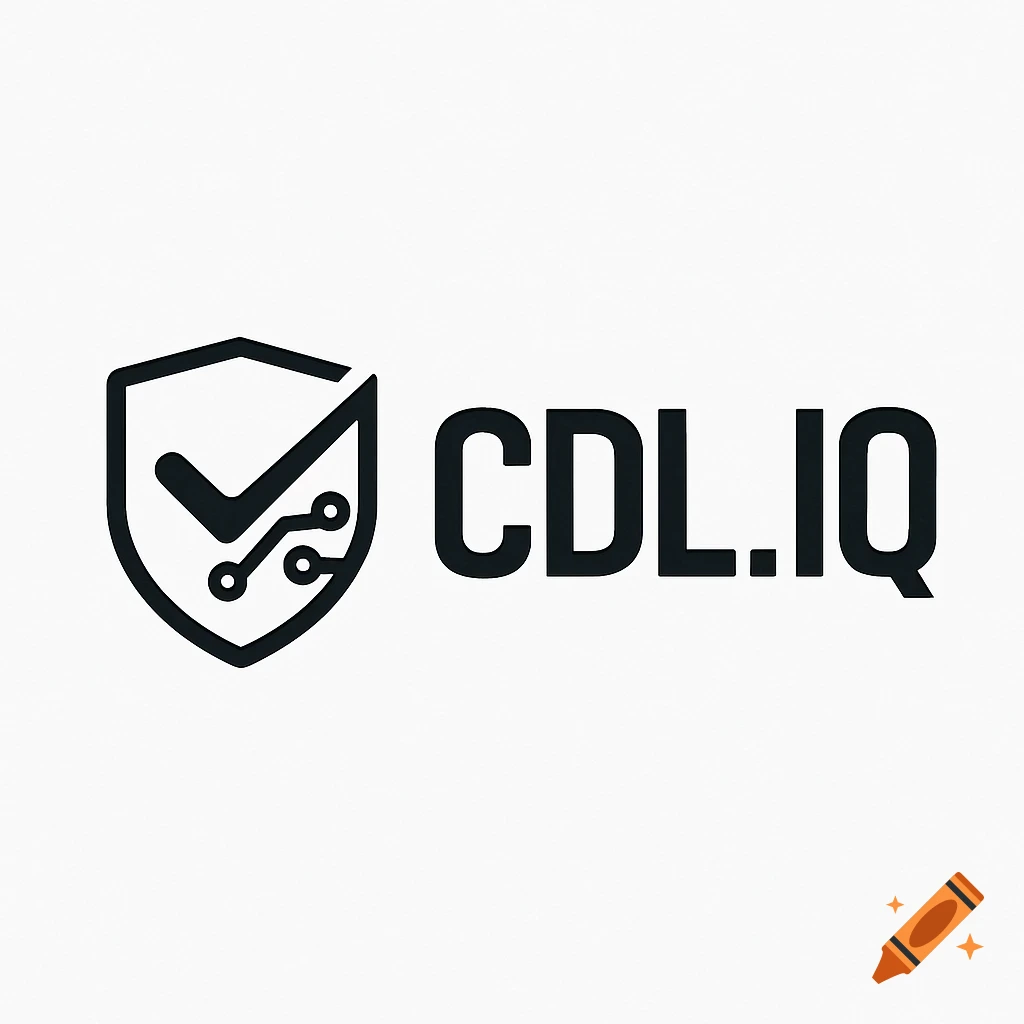 Black logo for CDL.IQ featuring a shield icon with a checkmark and circuit elements on a white background.