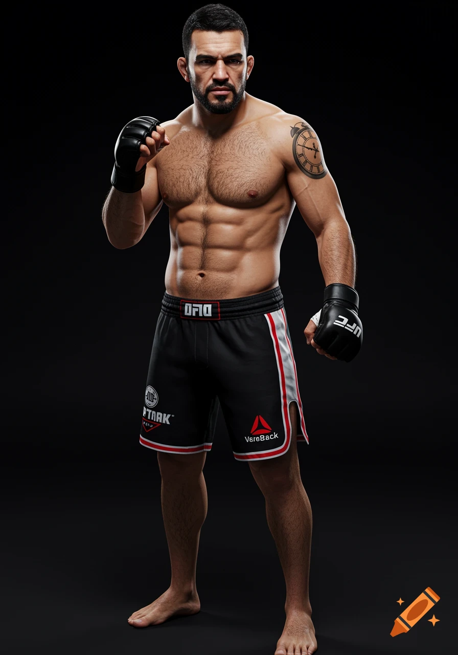 Photorealistic render of a shirtless, muscular MMA fighter with a beard, stubble, and clock tattoo, wearing black shorts and gloves.