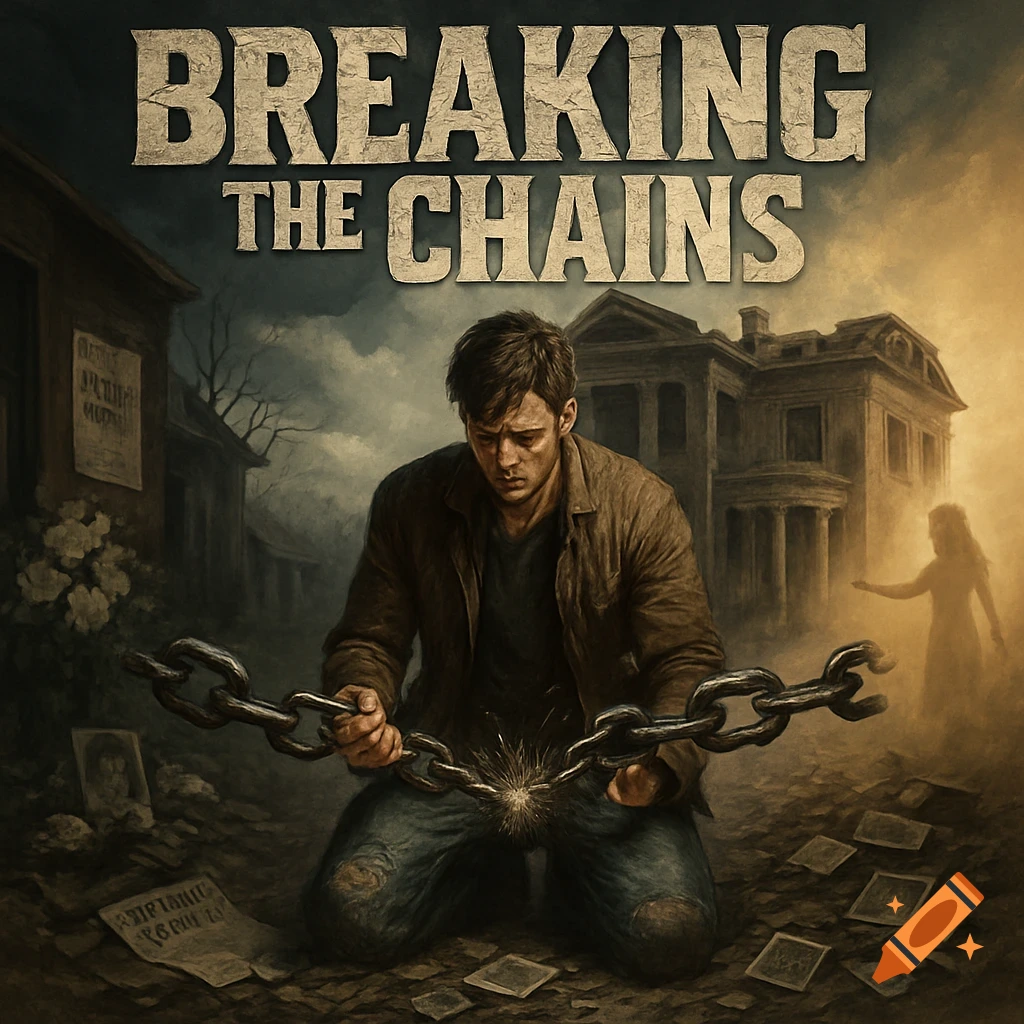 Album cover: man breaking chains, kneeling before a dark mansion with a ghostly silhouette. Text: Breaking the Chains.