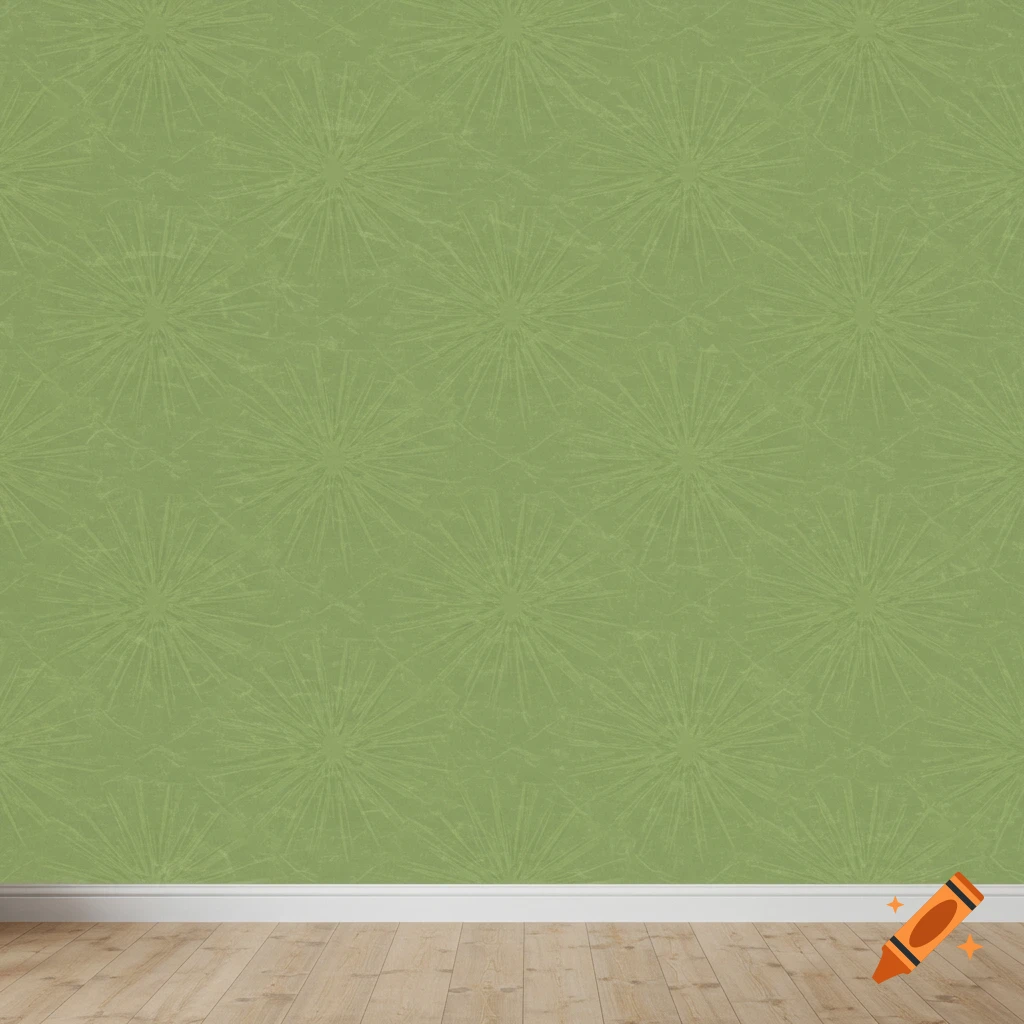 Green wall with a subtle repeating pattern of starburst shapes, above a wooden floor and white baseboard.