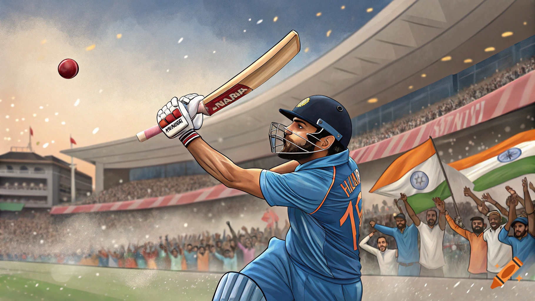 Cricket player hitting a ball in a stadium with cheering fans.