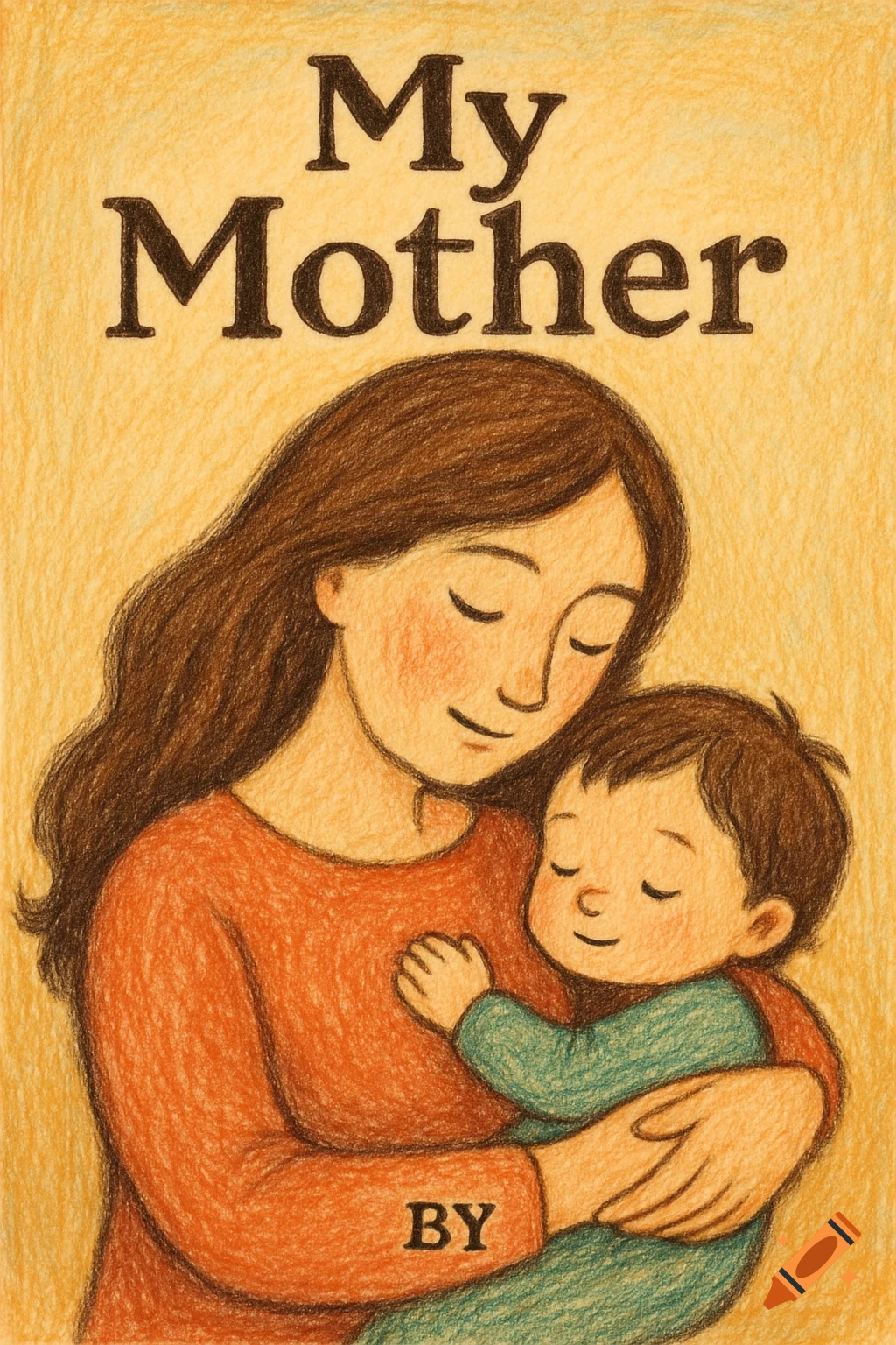 Hand-drawn illustration of a mother holding a child on a book cover titled "My Mother BY".