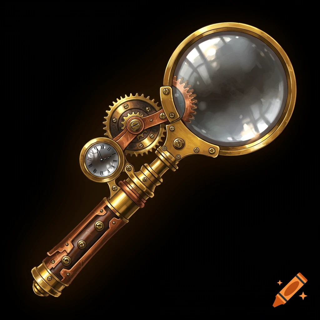 A detailed steampunk style magnifying glass featuring brass, copper, gears, and a small clock on a black background.