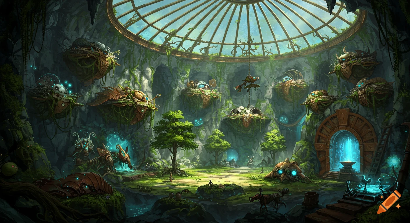 A fantasy underground sanctuary filled with mechanical creatures and plants under a domed skylight.