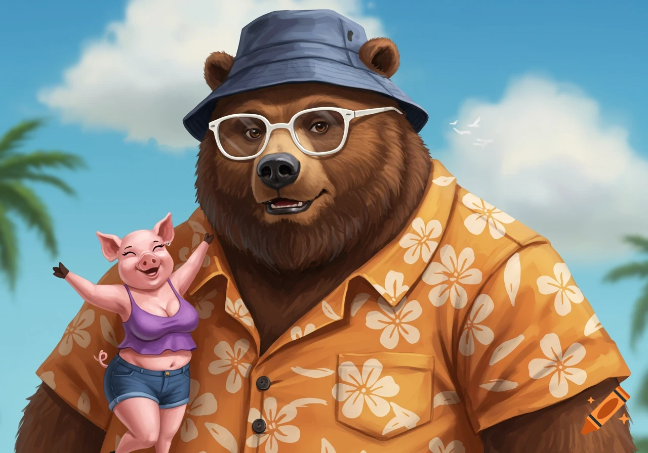 A cartoon brown bear in a bucket hat and Hawaiian shirt stands with a pig in a purple top and shorts on a sunny beach.