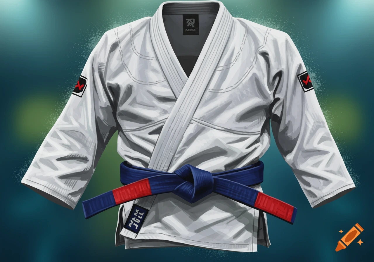 A white martial arts gi with a blue belt tied in a knot, featuring red accents and various logos, against a blurry green background.