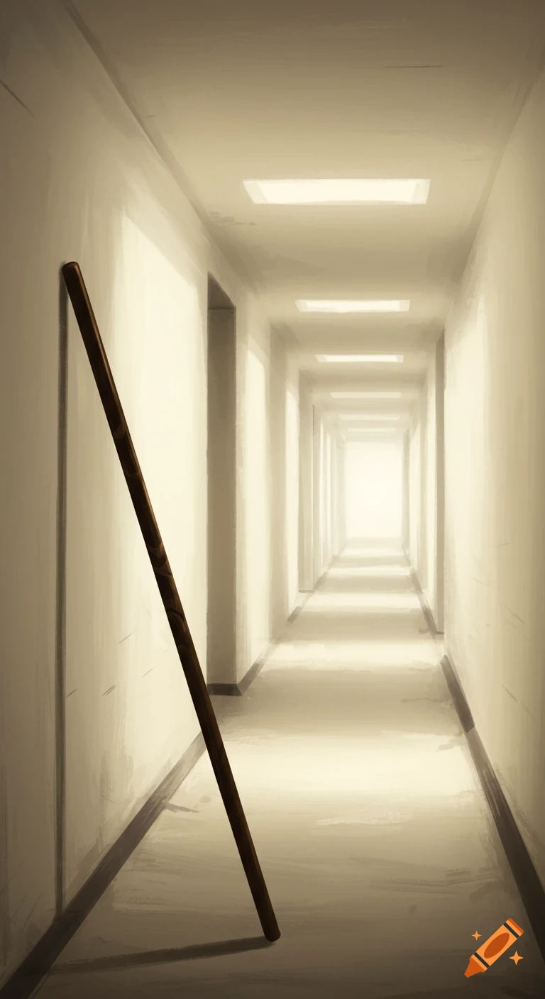 A long, empty hallway with bright light at the end and a wooden bo staff leaning against the wall, painterly style.