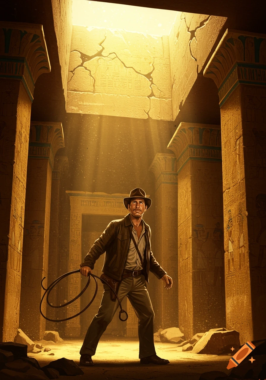 Indiana Jones stands in a crumbling pyramid, holding a whip, as light streams from a cracked ceiling.