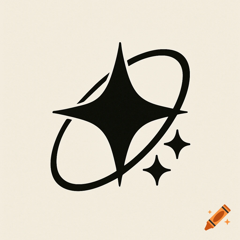 A black silhouette logo featuring a large four-pointed star encompassed by an angled ellipse, with two smaller stars.