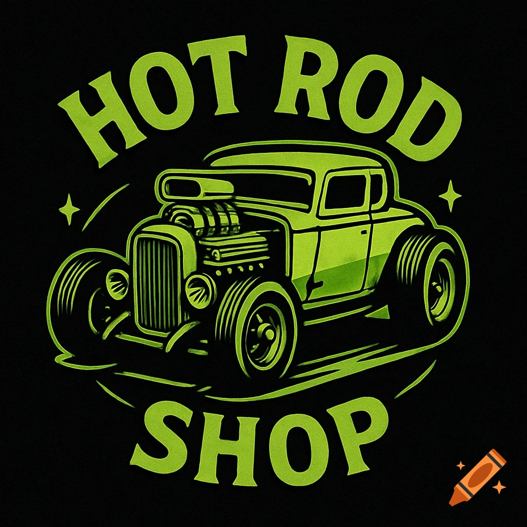 A bright green illustration of a hot rod car with "HOT ROD SHOP" text on a black background.