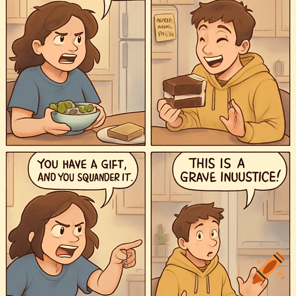 A four-panel cartoon comic strip shows two people discussing food and metabolism.