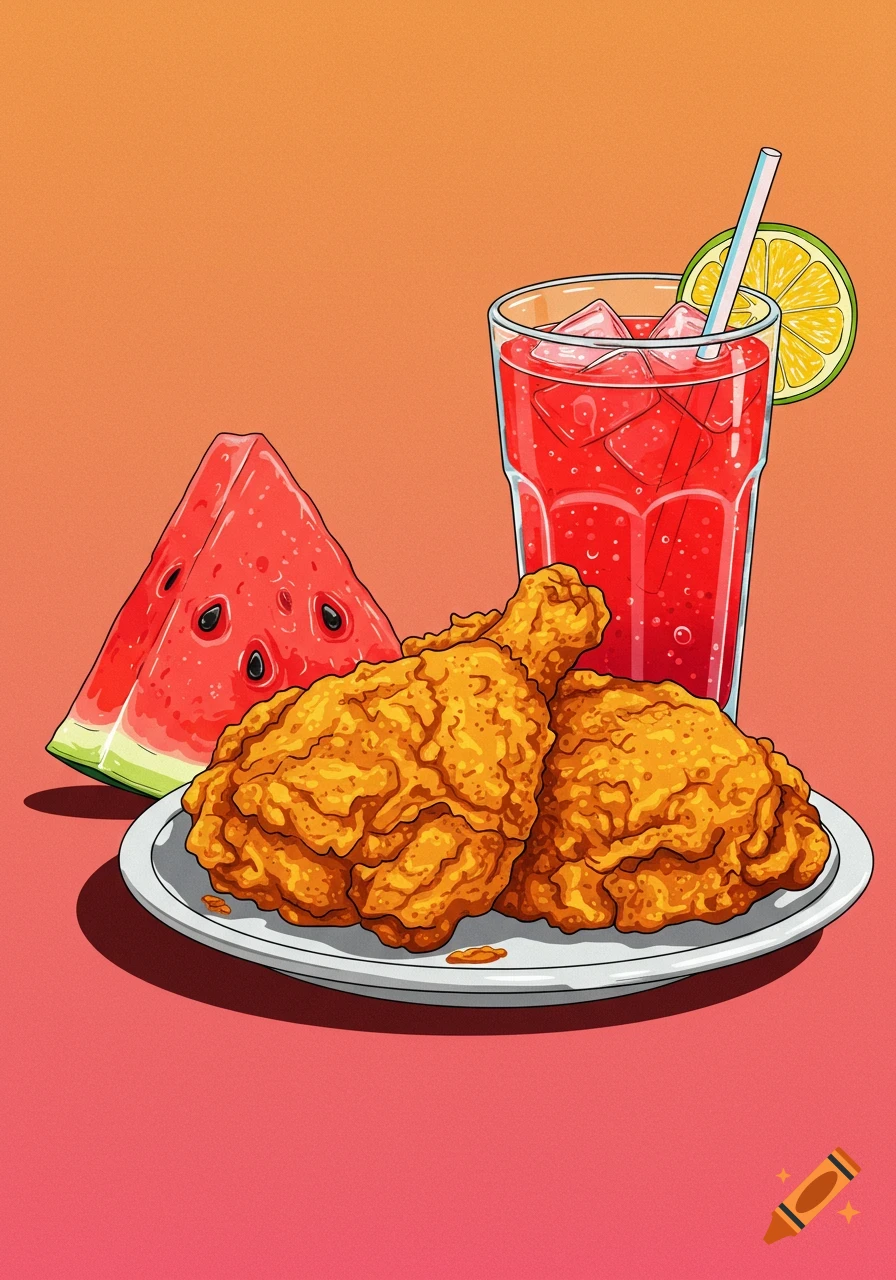 An illustration of fried chicken on a plate with a slice of watermelon and a red drink.