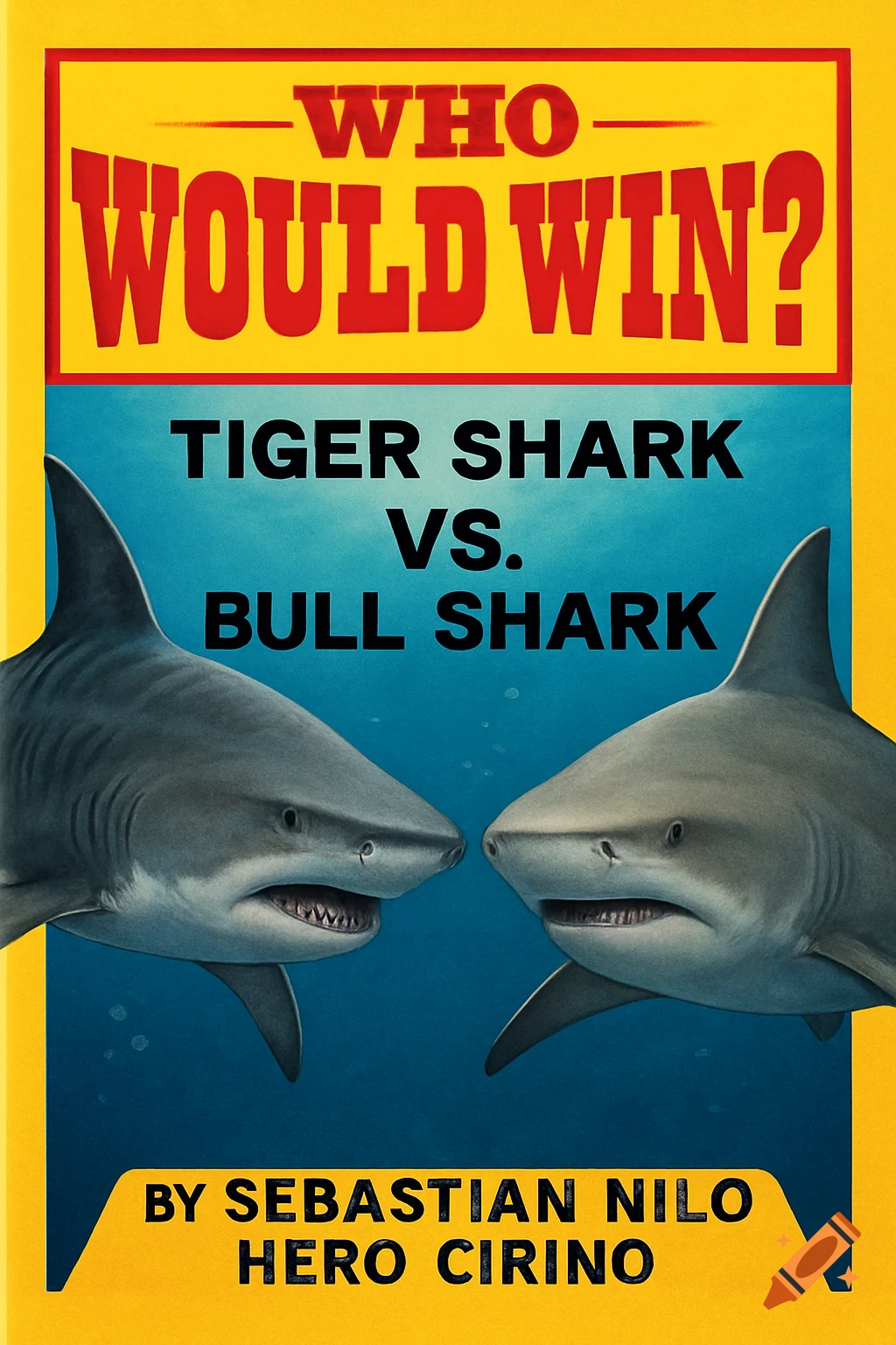 A colorful book cover for "Who Would Win? Tiger Shark VS. Bull Shark" by Sebastian Nilo and Hero Cirino, featuring two sharks facing each other underwater.