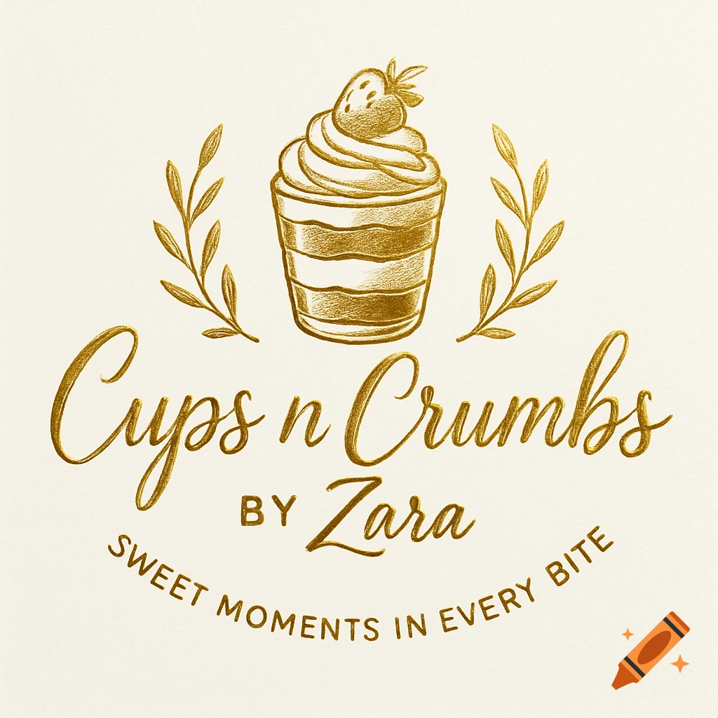 Gold bakery logo for 'Cups n Crumbs by Zara' featuring a dessert cup with a strawberry and laurel branches, with the tagline 'Sweet moments in every bite'.