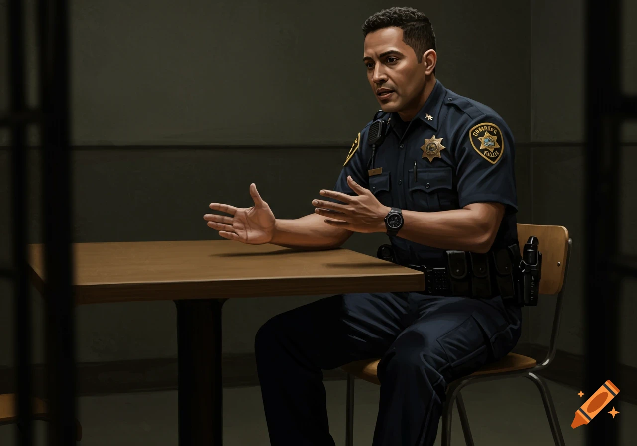 A police officer sits at a table in a dark room, gesturing while talking.