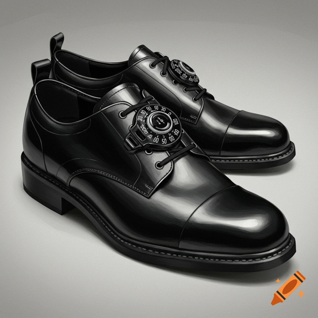 A pair of black dress shoes with combination lock dials instead of traditional laces, set against a light background.
