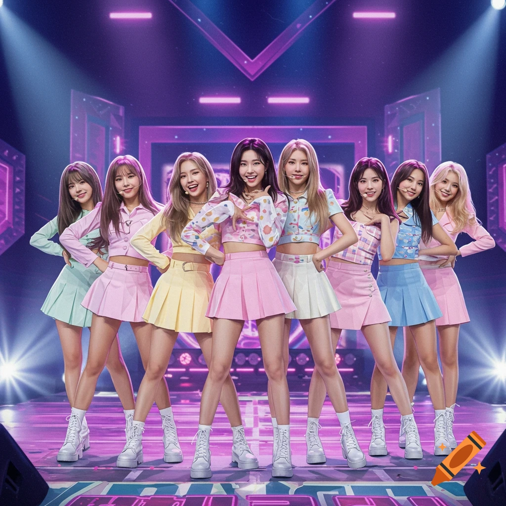 Kpop girl group performing on a colorful stage in pastel outfits.
