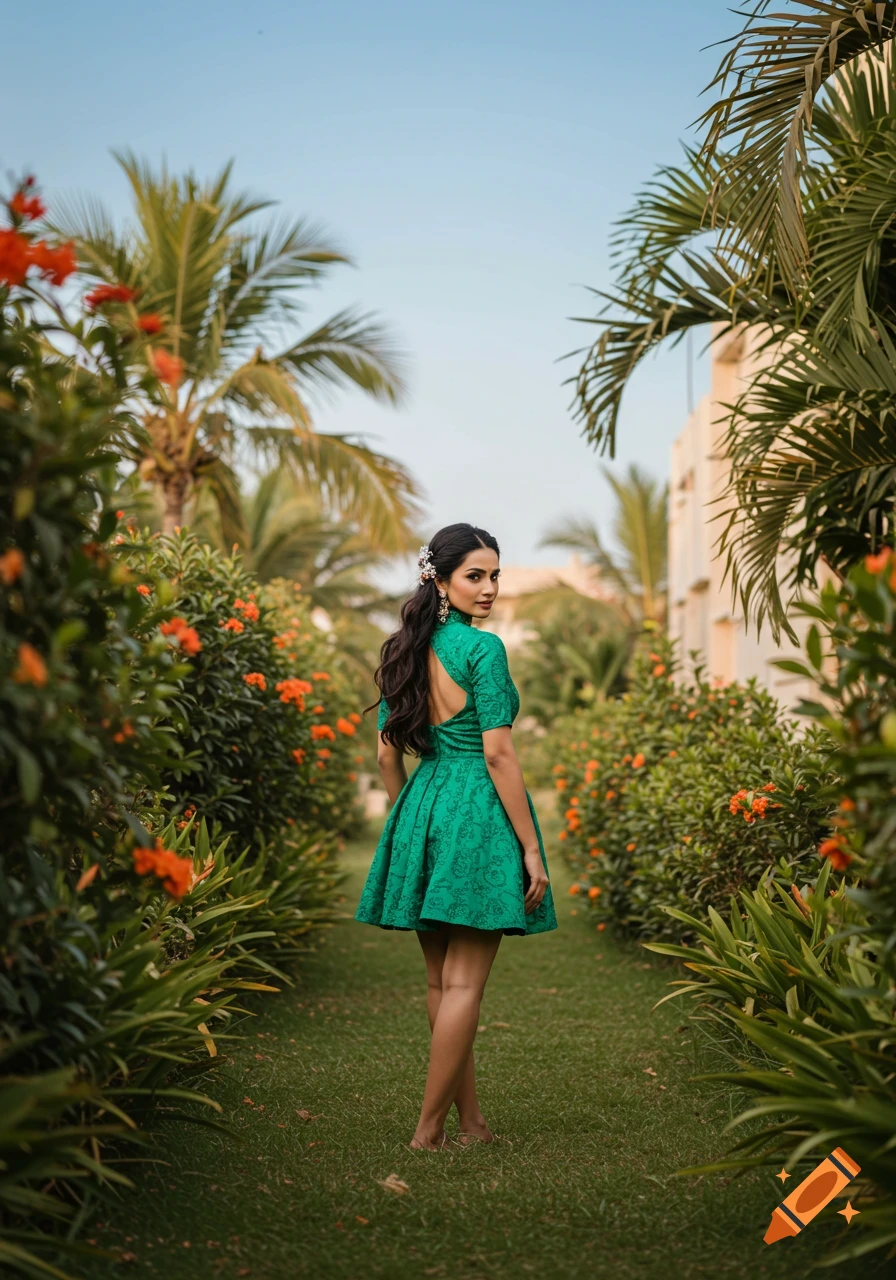 A woman in a green dress stands in a lush garden, looking over her shoulder. Photorealistic style.