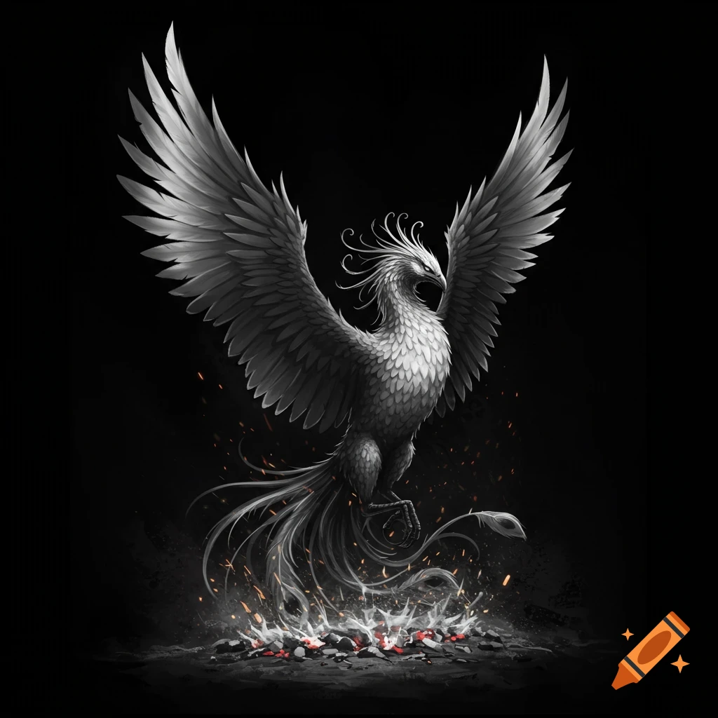 A majestic black and white phoenix with large, spread wings rises from ...