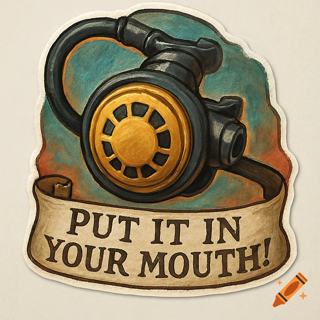 A sticker design featuring a stylized scuba regulator over a blue and orange background, with a banner below reading "PUT IT IN YOUR MOUTH!".