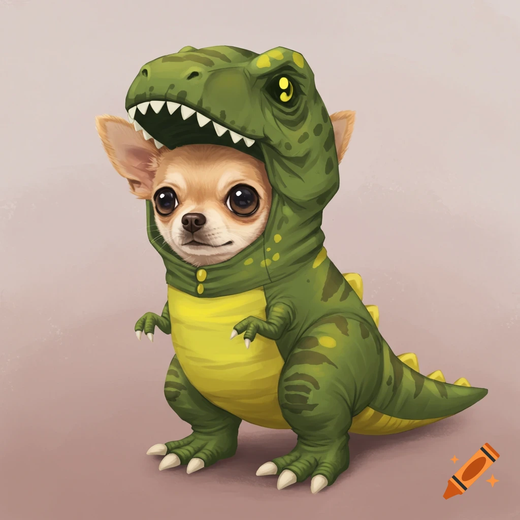 A cute chihuahua wearing a green T-Rex costume with yellow accents, standing against a plain background in an illustration.